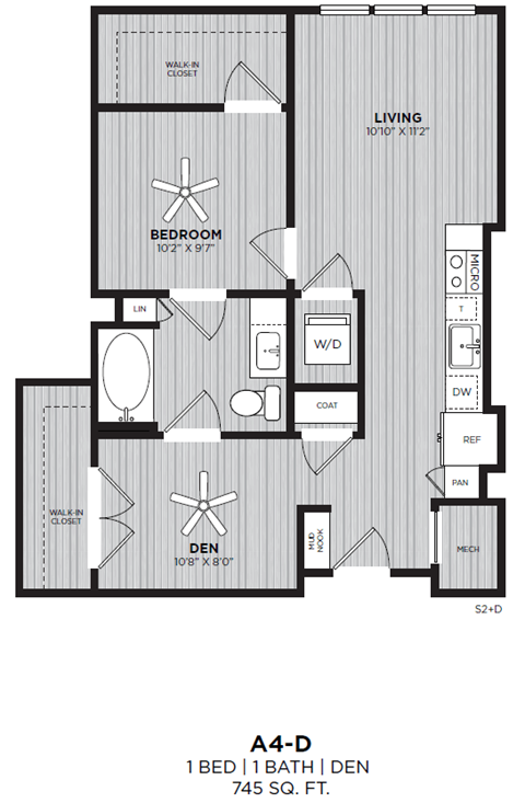 Floor plan for 1 bed, 1 bath, 745 sqft